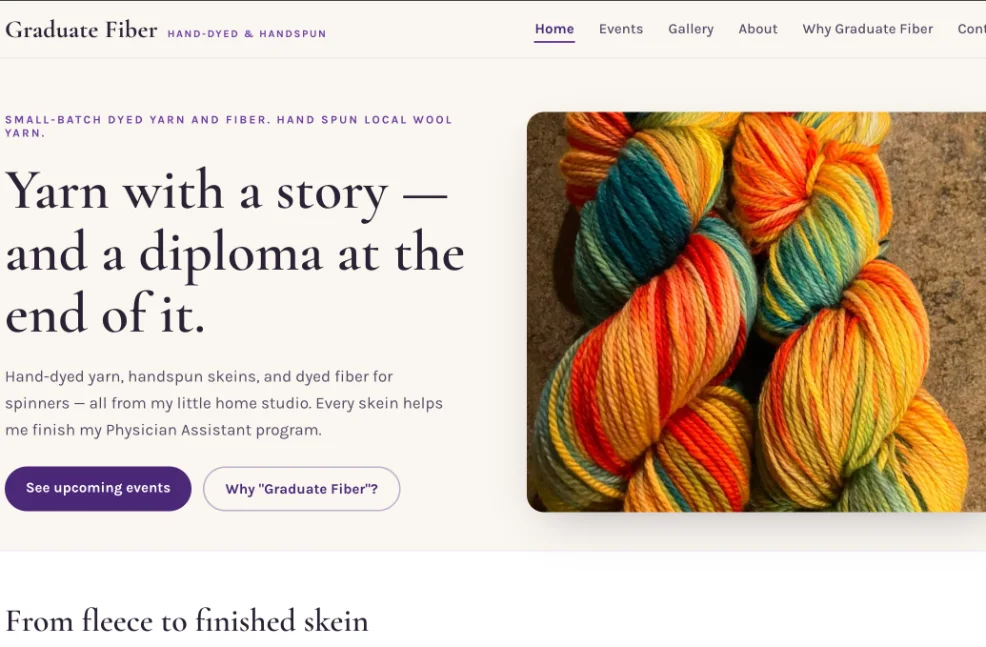 Graduate Fiber homepage: “Yarn with a story — and a diploma at the end of it.” beside a photograph of brightly hand-dyed skeins.