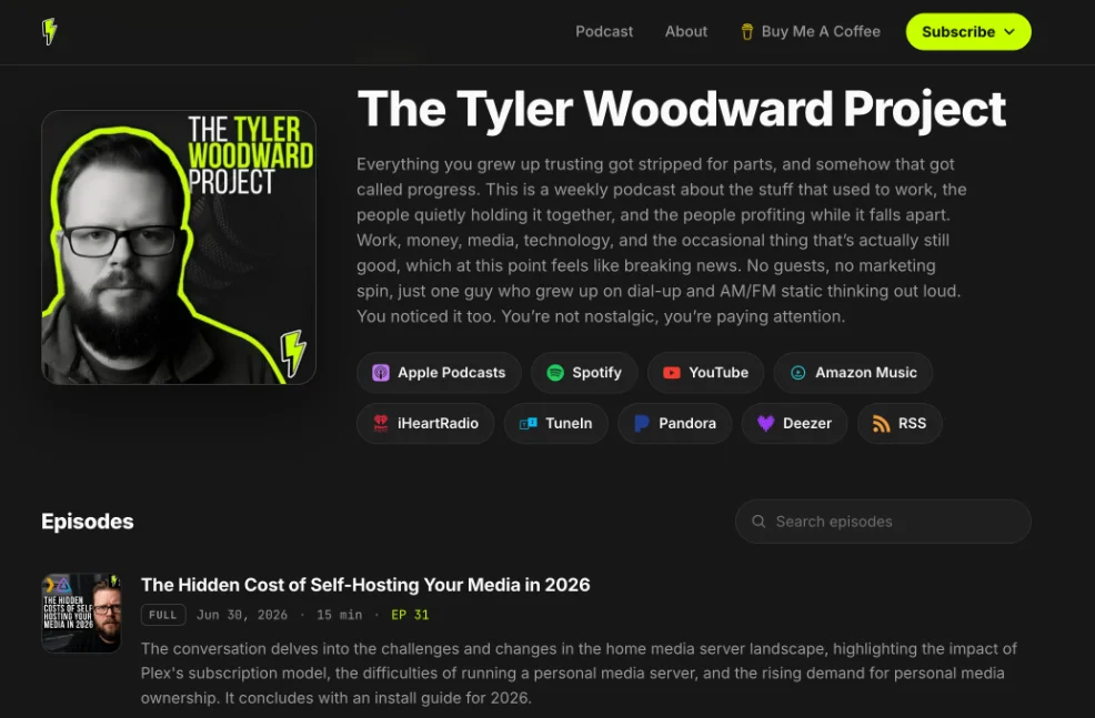 The Tyler Woodward Project homepage: a dark podcast site showing the show title, subscribe links and a list of recent episodes.